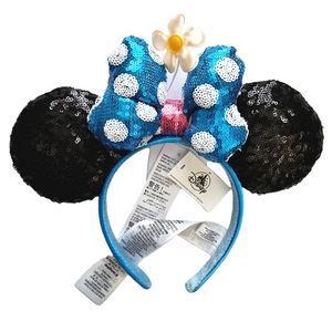Nwt Minnie Mouse Blue/White Polka Dot Daisy Ears Sequined Headband